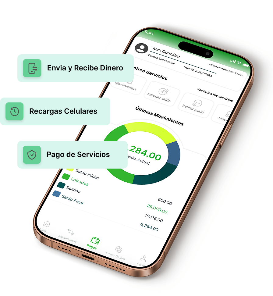 App Paycaster con opciones de enviar dinero, pagos recurrentes y pagos de servicios